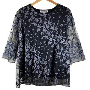 CAROLINE ROSE Black & Gray Embroidered Sheer Overlay Tunic Top Size LP